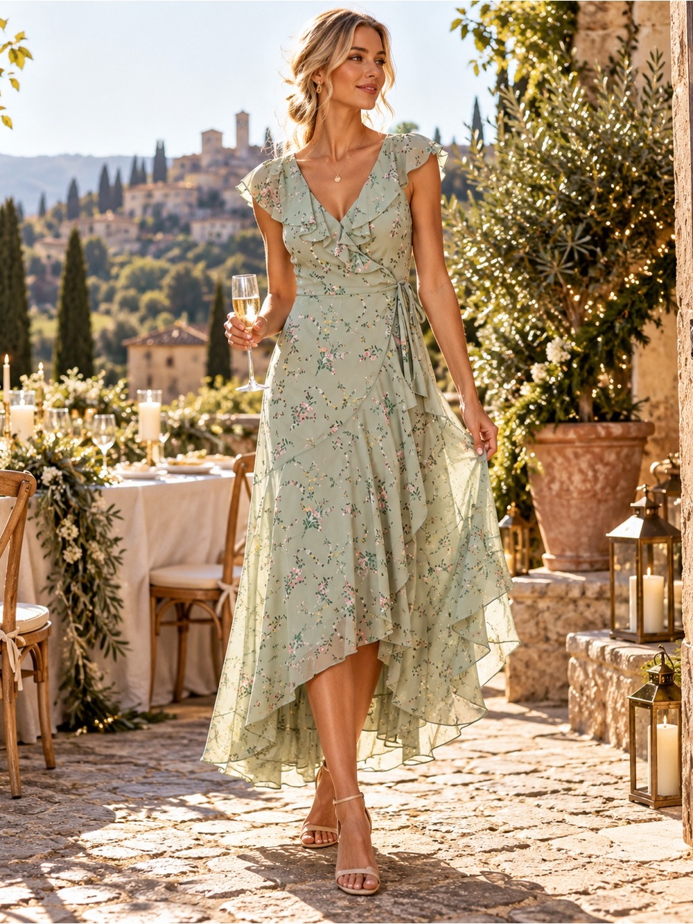 🌿LC Lauren Conrad Sage Green Floral Ruffle Maxi Dress